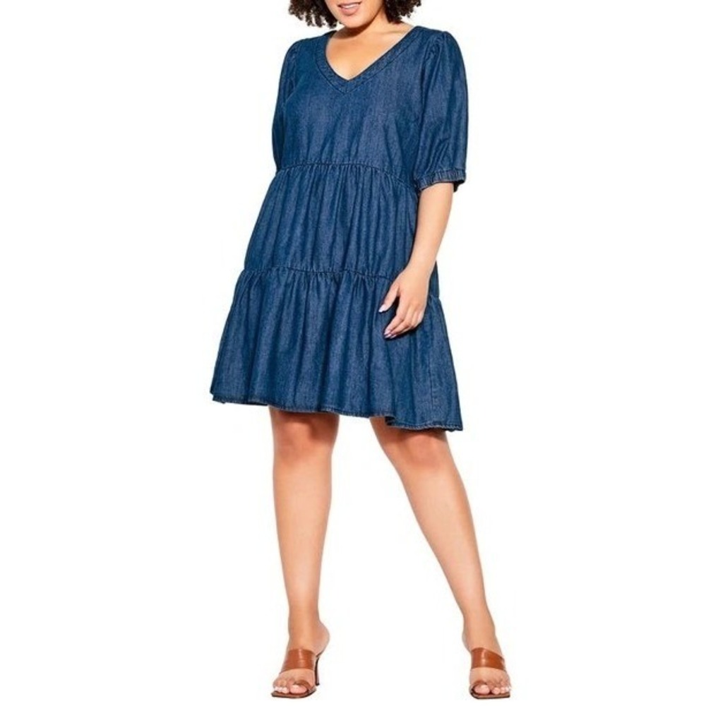 City Chic Coastal Dress Women 16 Blue Light Wash Tiered Puff Sleeve Denim V-Neck